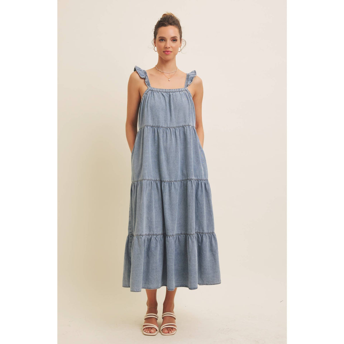 Washed Denim Ruffle Midi Dress