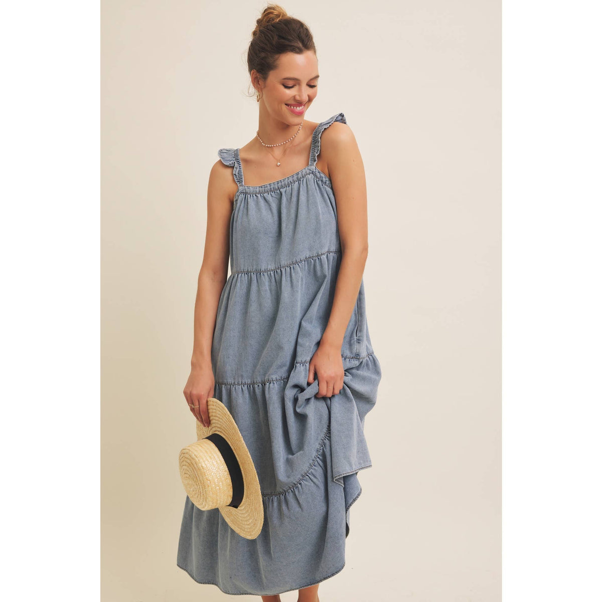 Washed Denim Ruffle Midi Dress