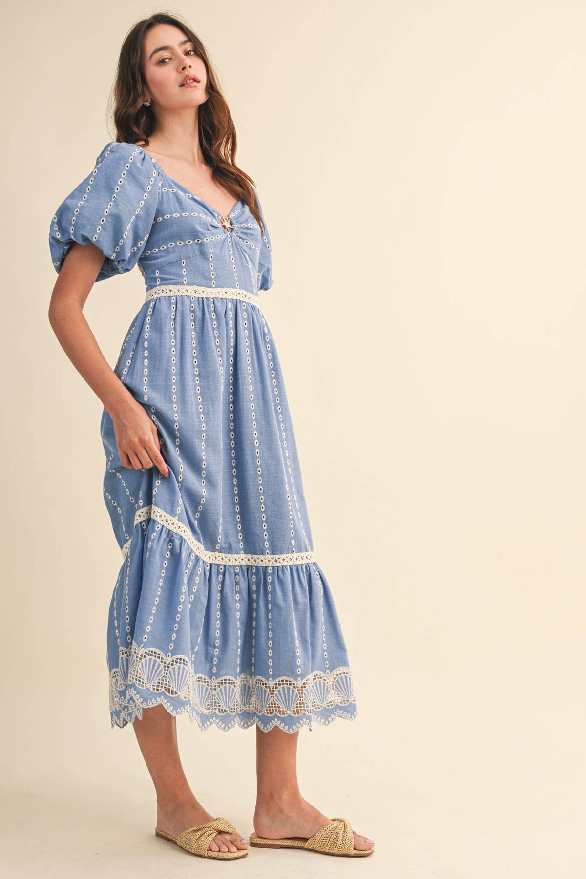 Embroidered Eyelet Seashell Hem Midi Dress