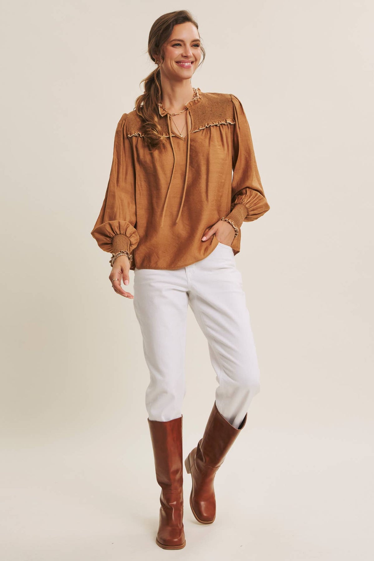 Caramel Ruffle High-Neck Blouse