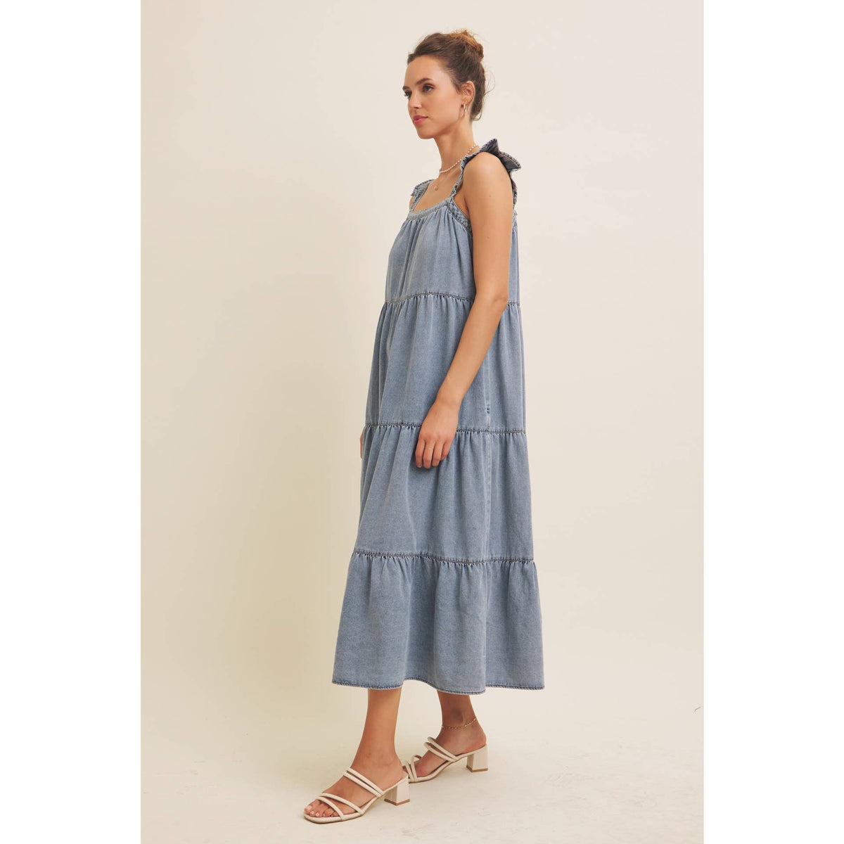 Washed Denim Ruffle Midi Dress