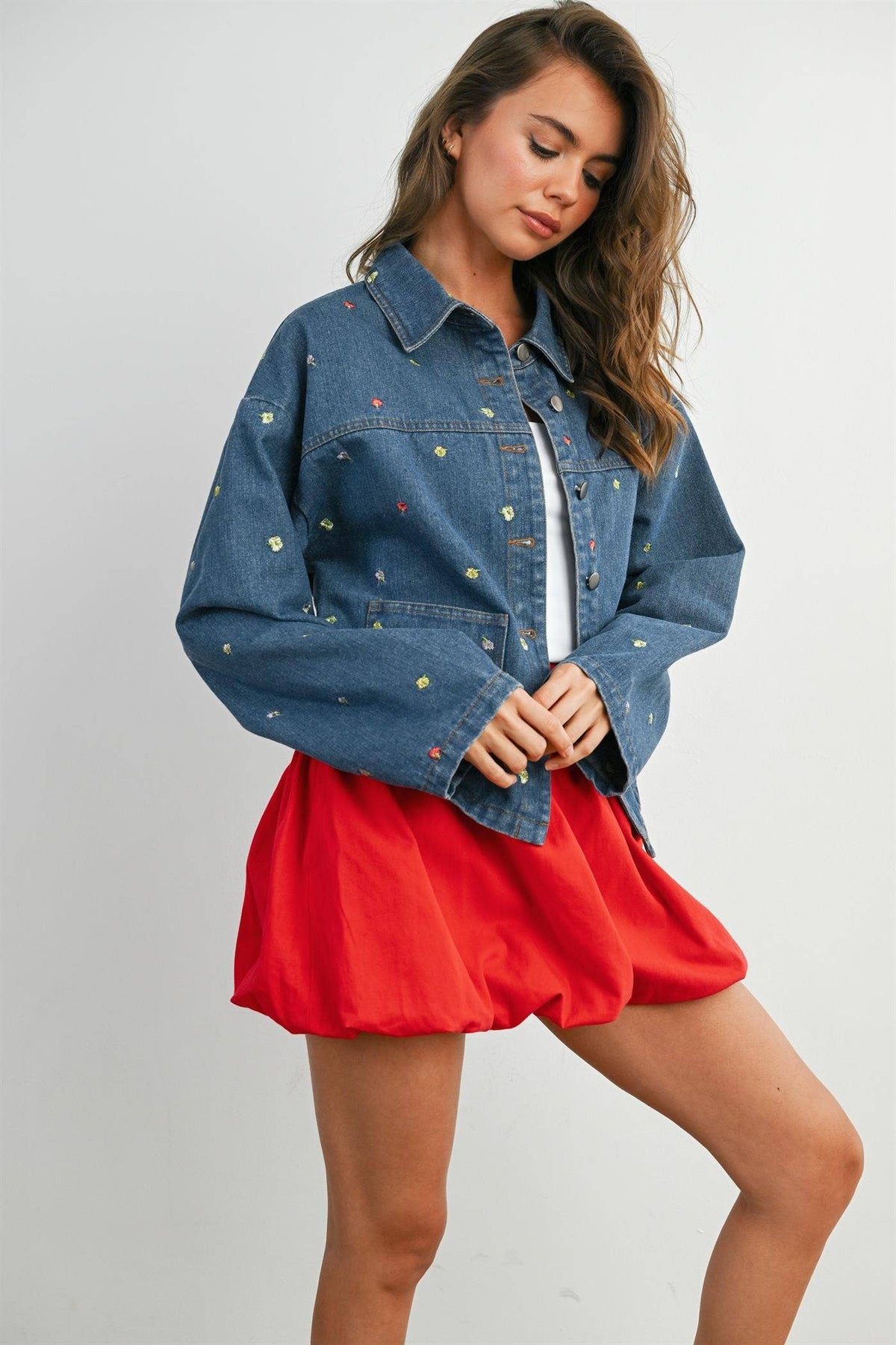 Embroidered Button-Front Denim Jacket