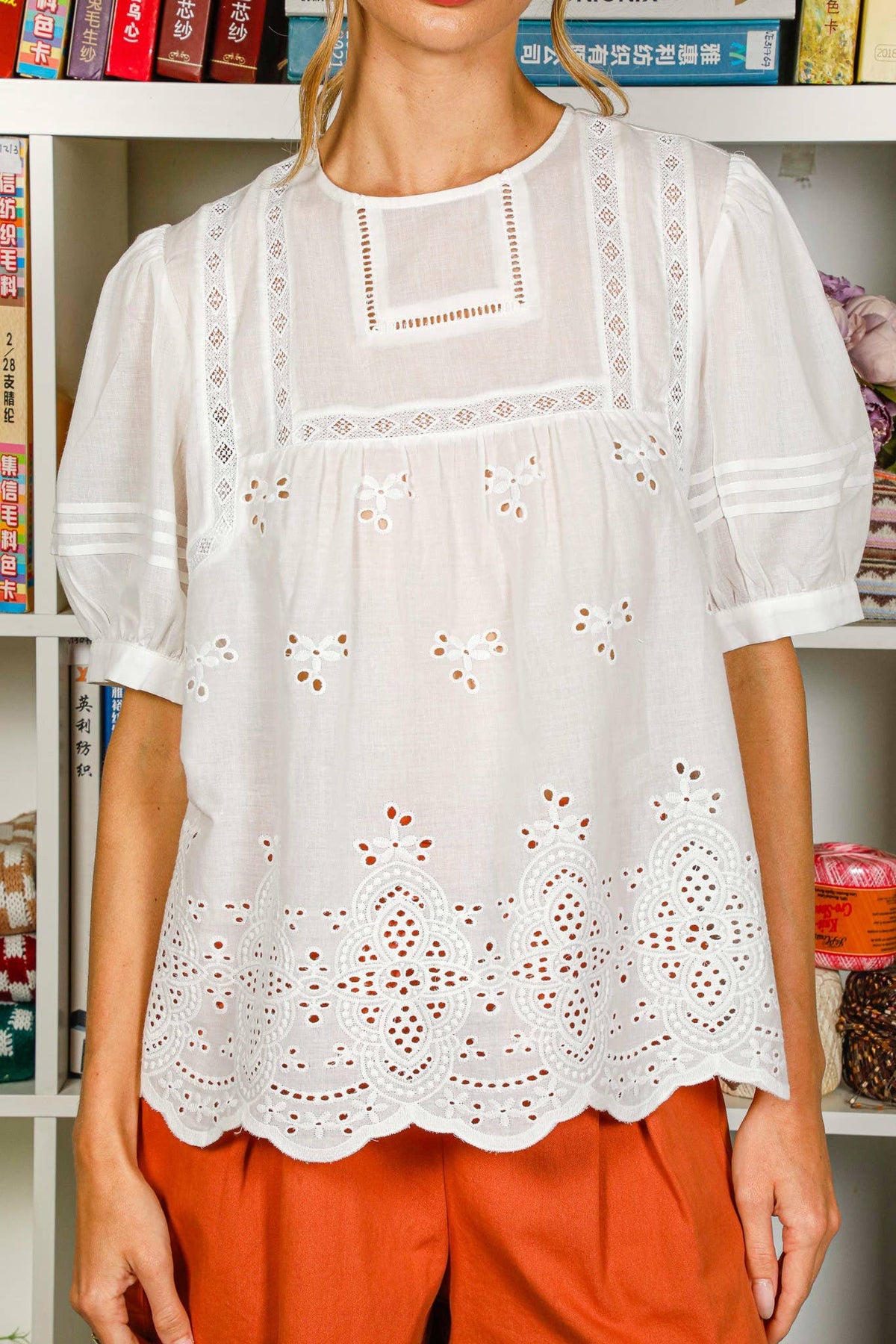 White Embroidered Eyelet Blouse