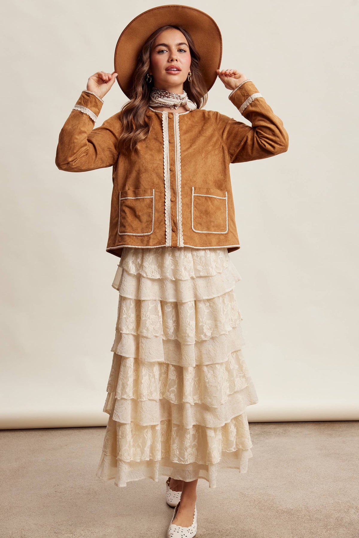 Scallop Trim Faux Suede Jacket