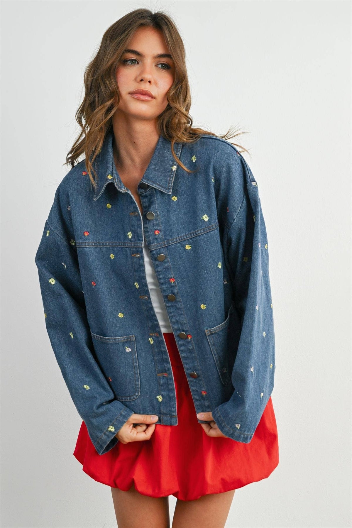 Embroidered Button-Front Denim Jacket