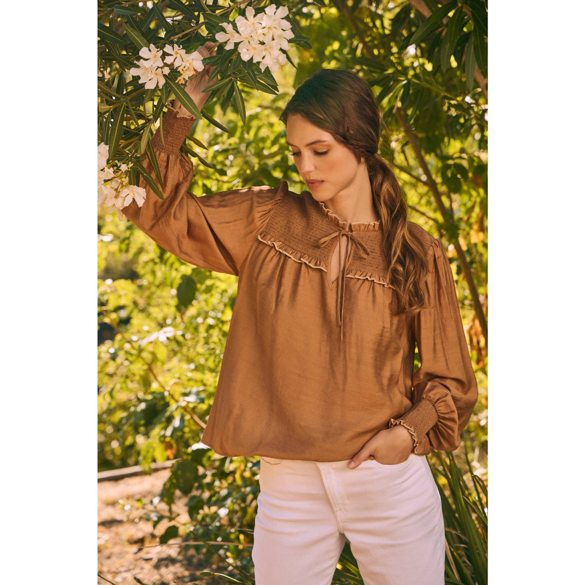 Caramel Ruffle High-Neck Blouse