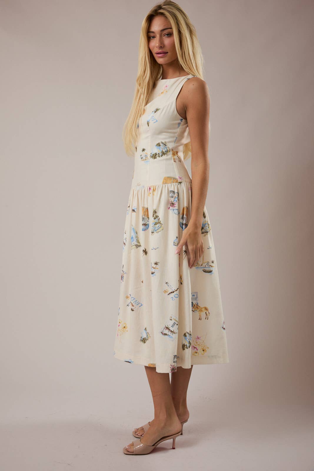 Boat Neck Drop Waist Midi Dress