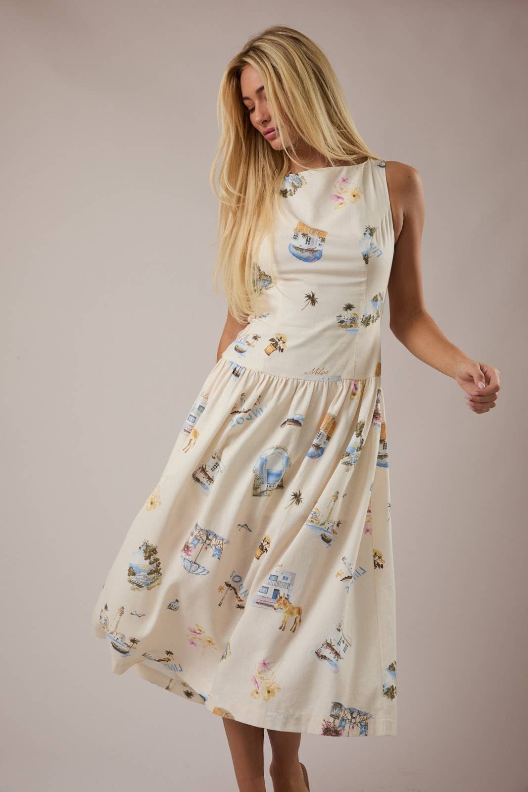 Boat Neck Drop Waist Midi Dress
