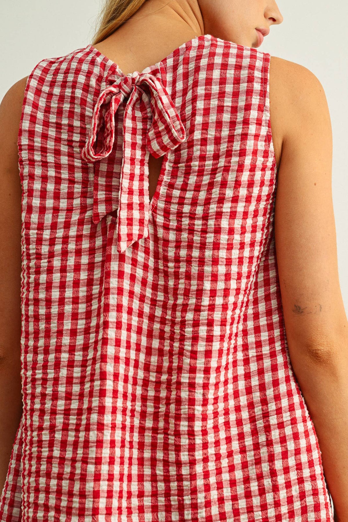 Gingham Pattern Open Back Mini Dress