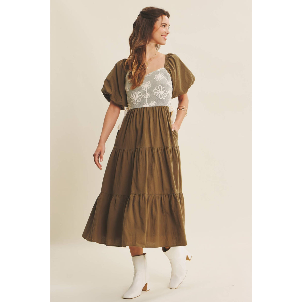 Rustic Bloom Crochet Cotton Midi Dress