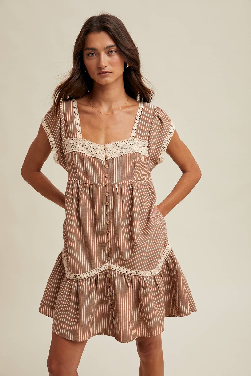 Striped Mini Dress with Lace Trim Detail