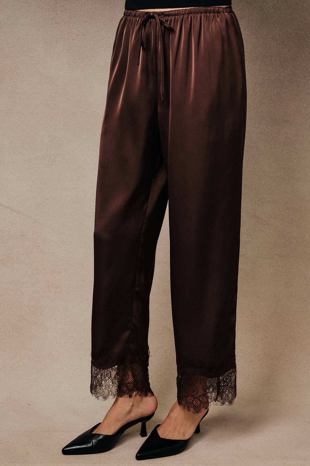 Satin Lace Trim Wide Leg Pants