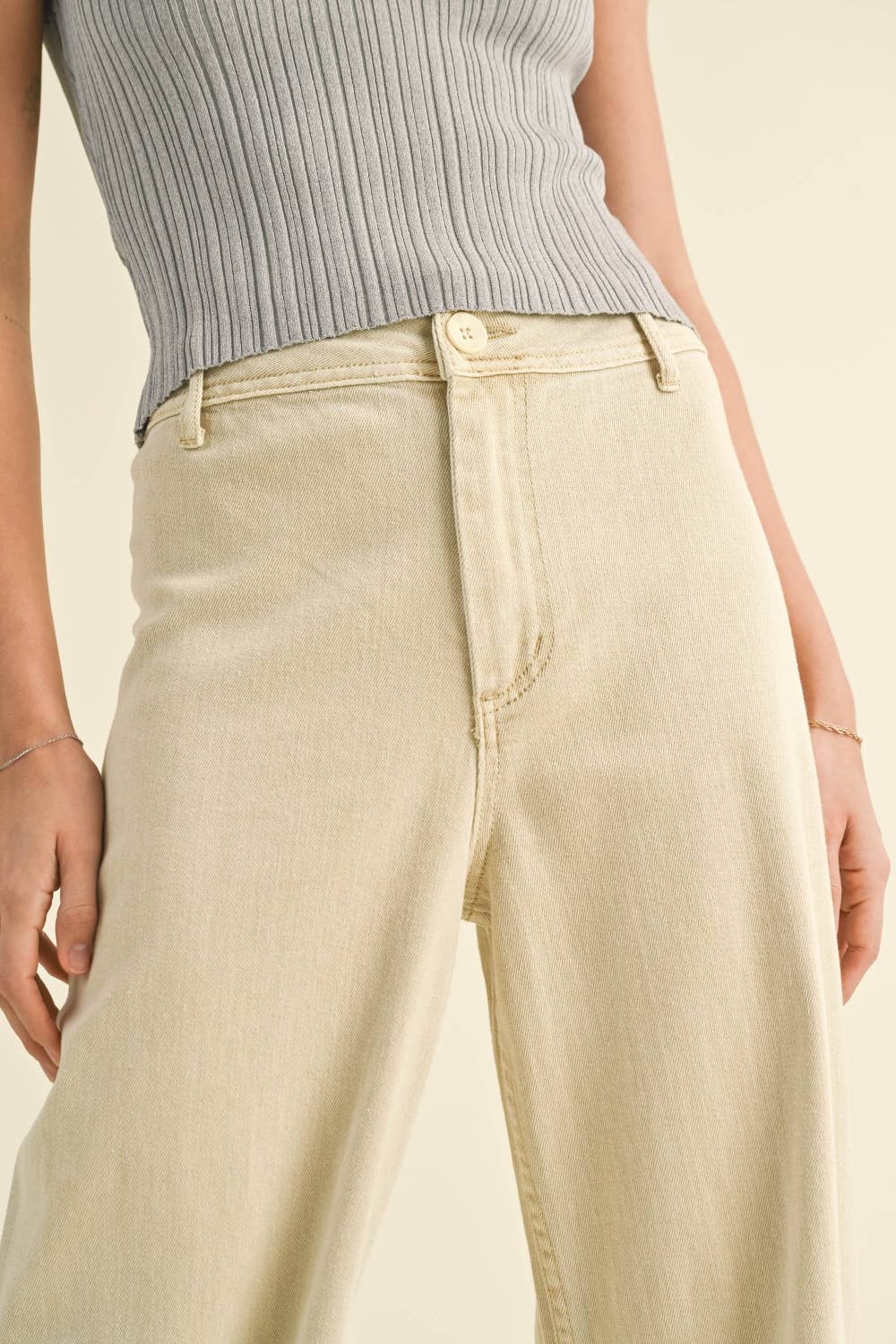 Ecru Straight Wide Leg Denim Pants