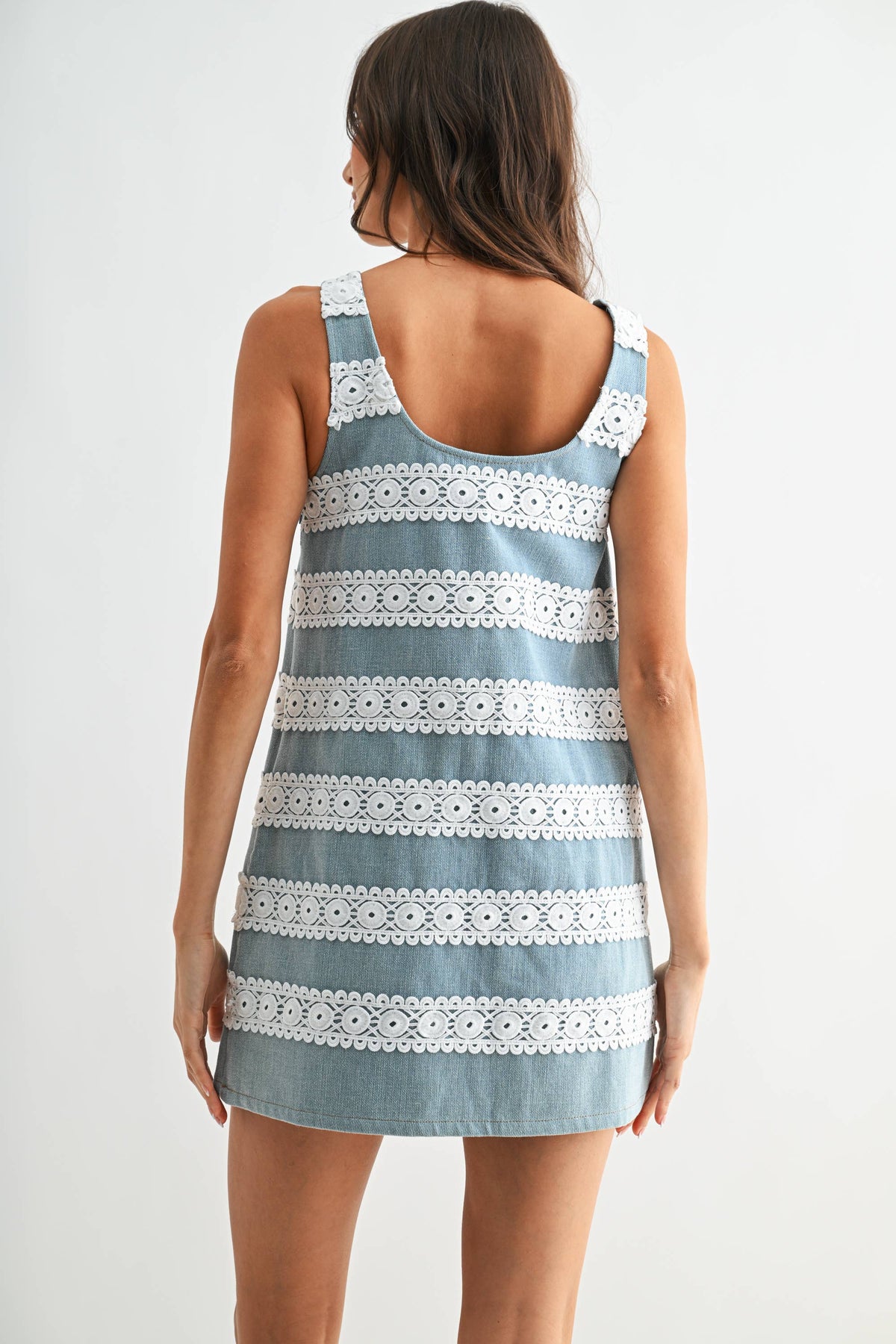 Denim Shift Mini Dress with Crochet Lace Trim