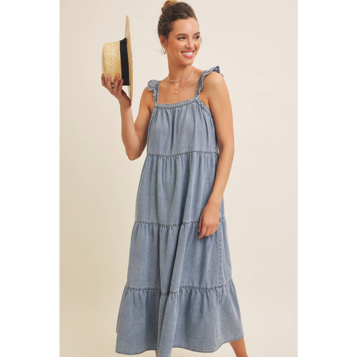 Washed Denim Ruffle Midi Dress