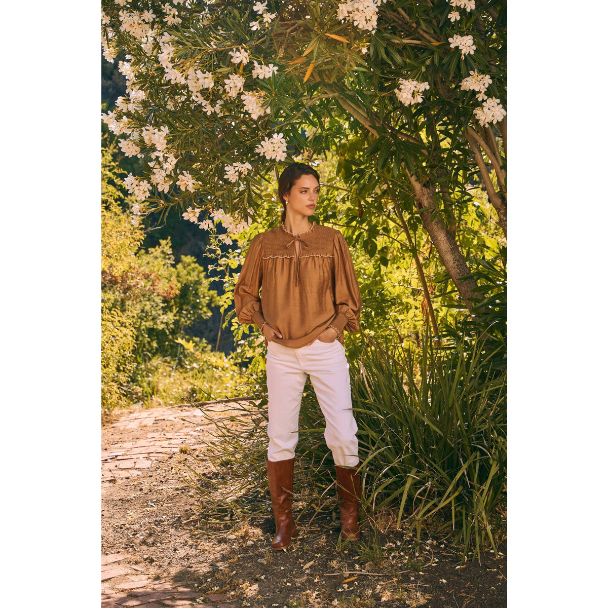 Caramel Ruffle High-Neck Blouse