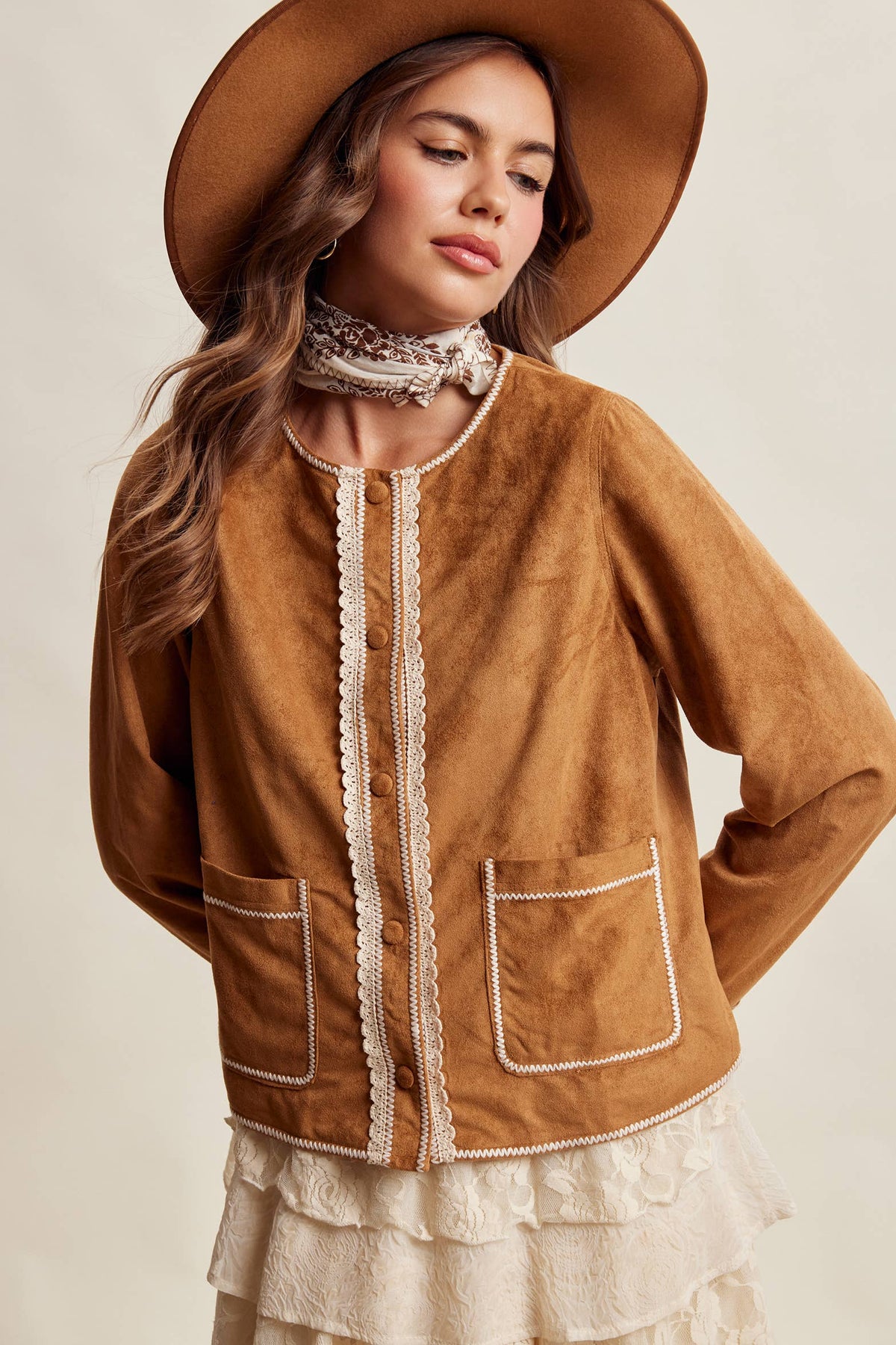 Scallop Trim Faux Suede Jacket