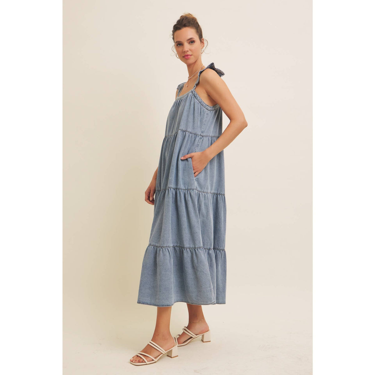 Washed Denim Ruffle Midi Dress