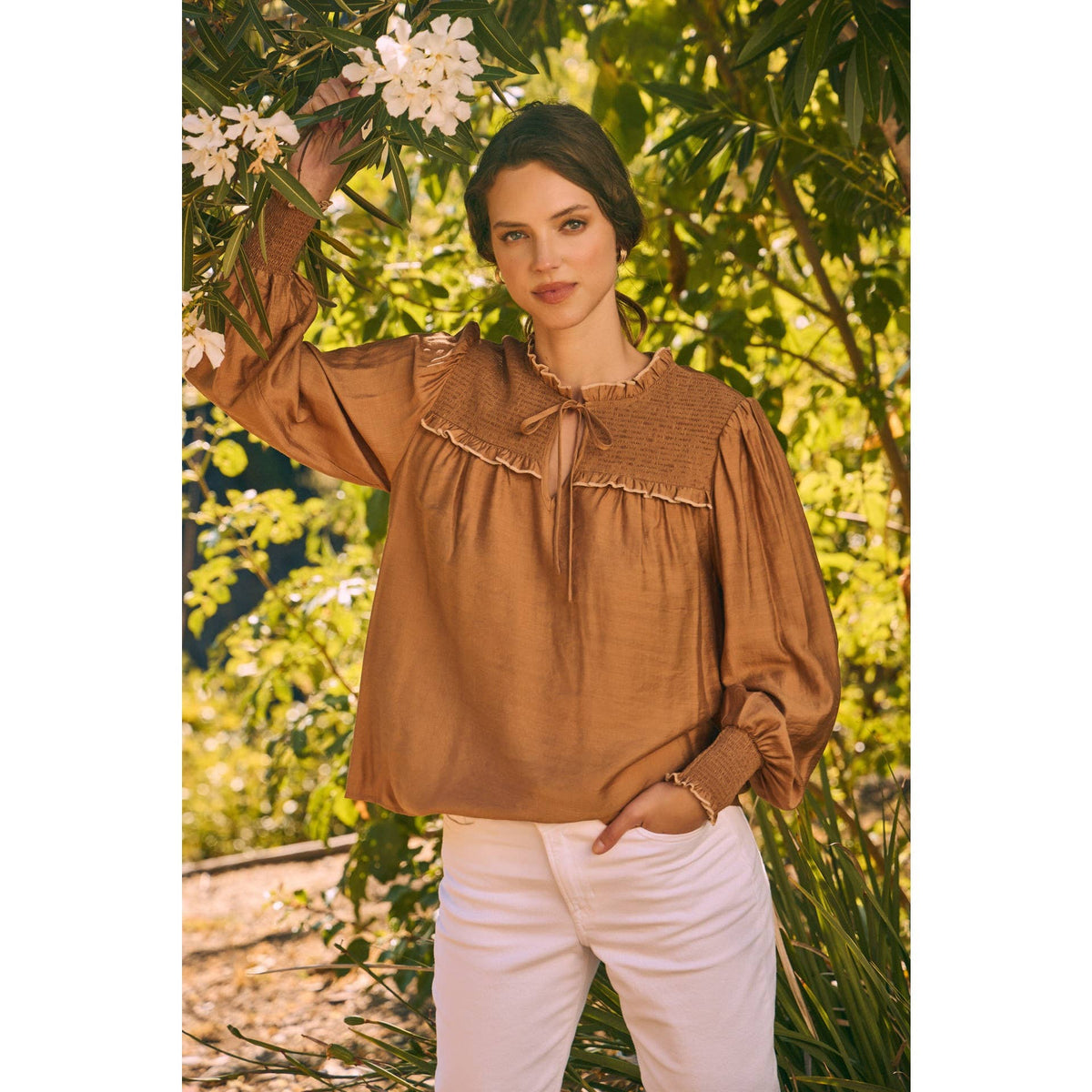 Caramel Ruffle High-Neck Blouse