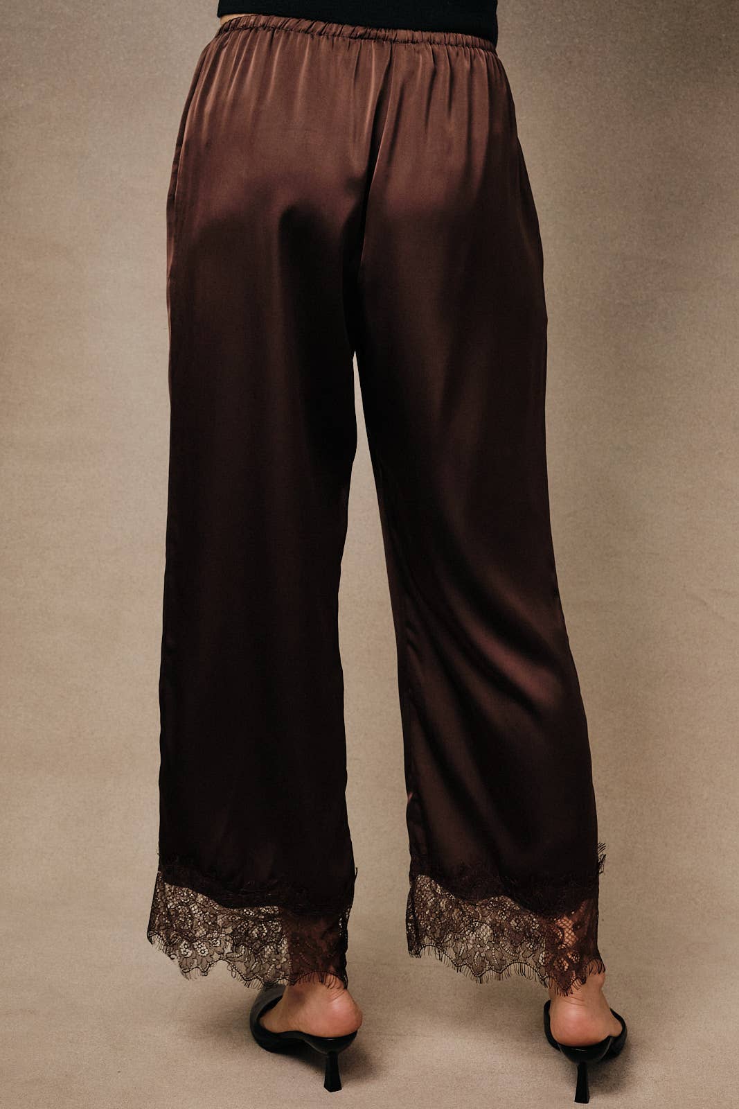 Satin Lace Trim Wide Leg Pants