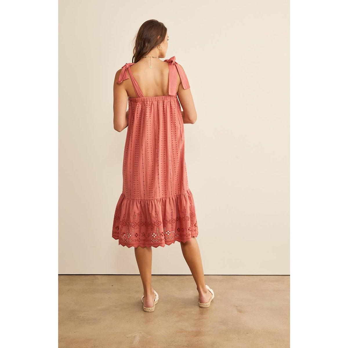 Cinnamon Eyelet Tie-Shoulder Midi Dress
