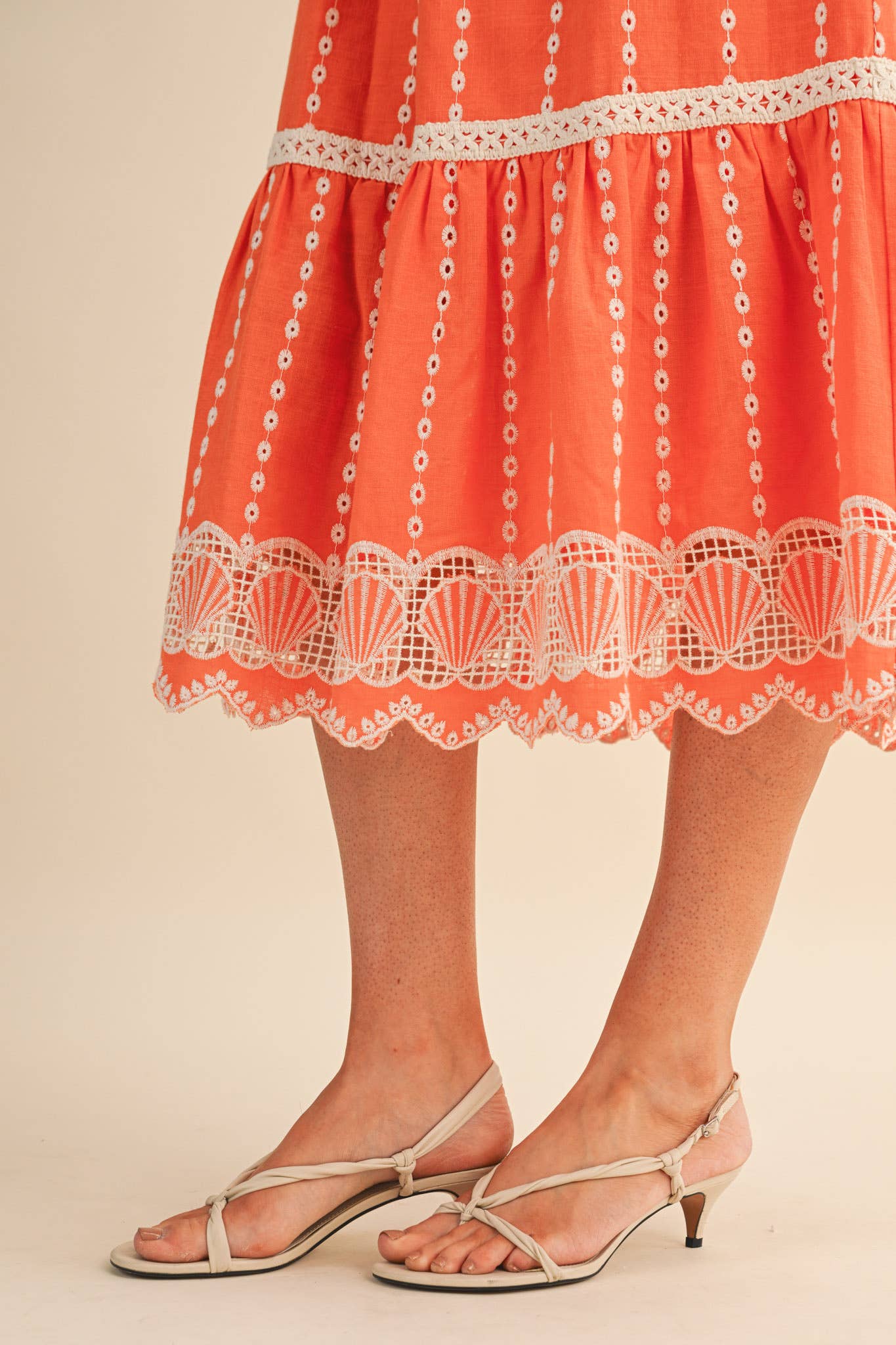 Embroidered Eyelet Seashell Hem Midi Dress