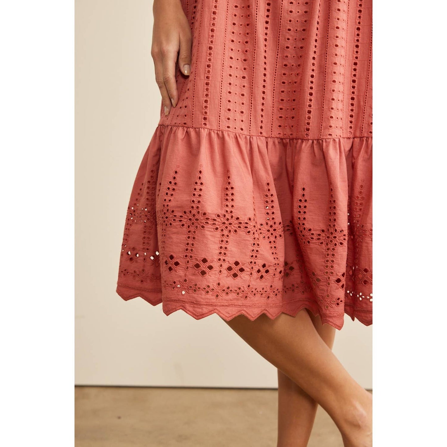 Cinnamon Eyelet Tie-Shoulder Midi Dress
