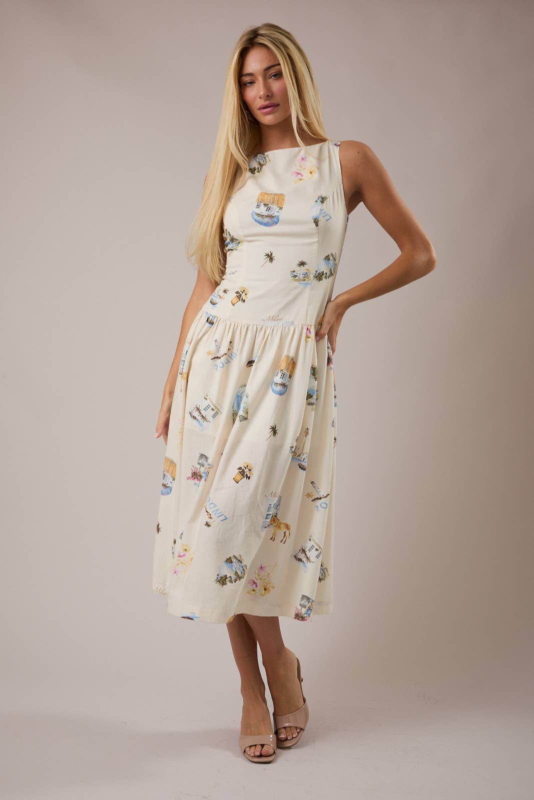 Boat Neck Drop Waist Midi Dress