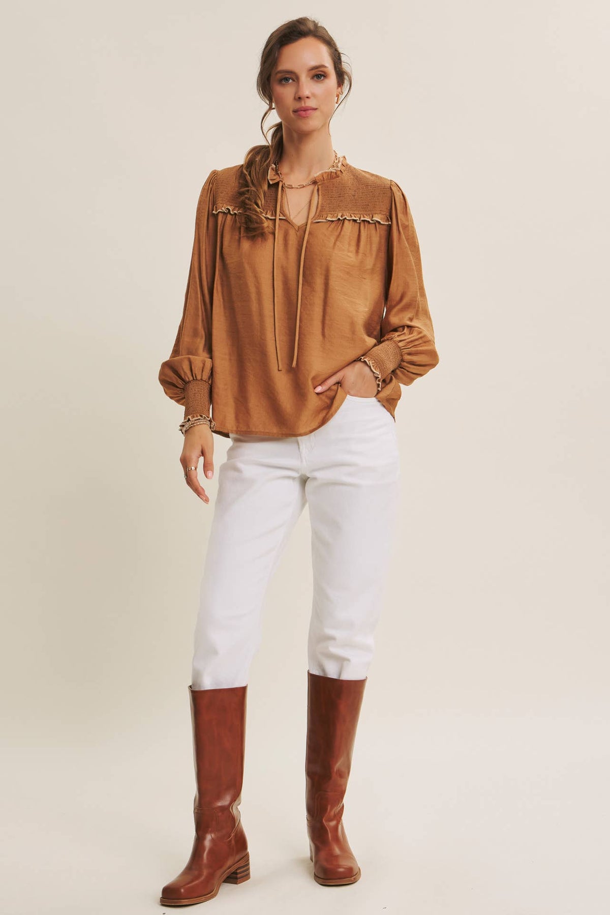 Caramel Ruffle High-Neck Blouse