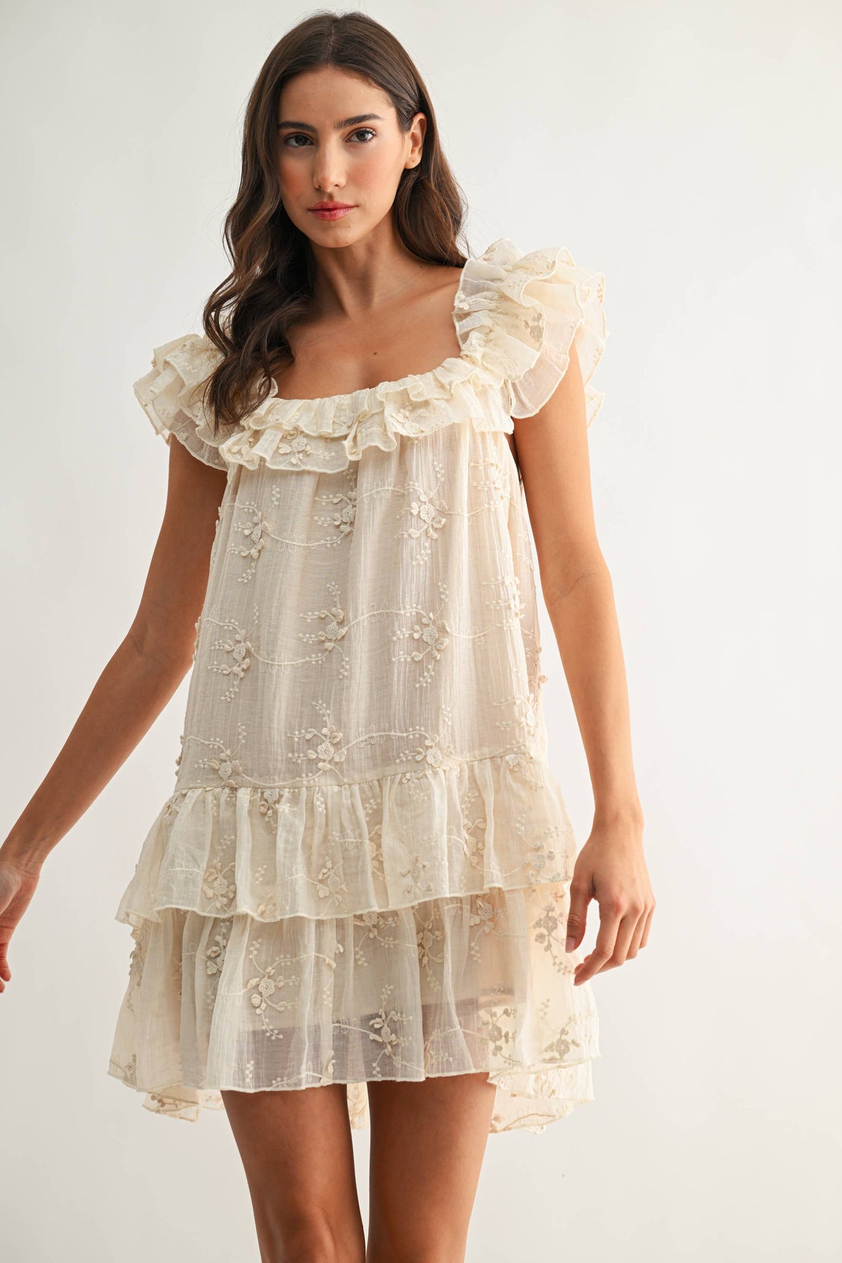 Ruffled Embroidered Tiered Dress