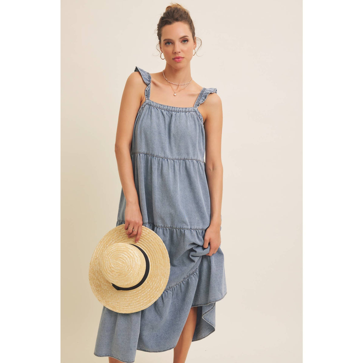 Washed Denim Ruffle Midi Dress