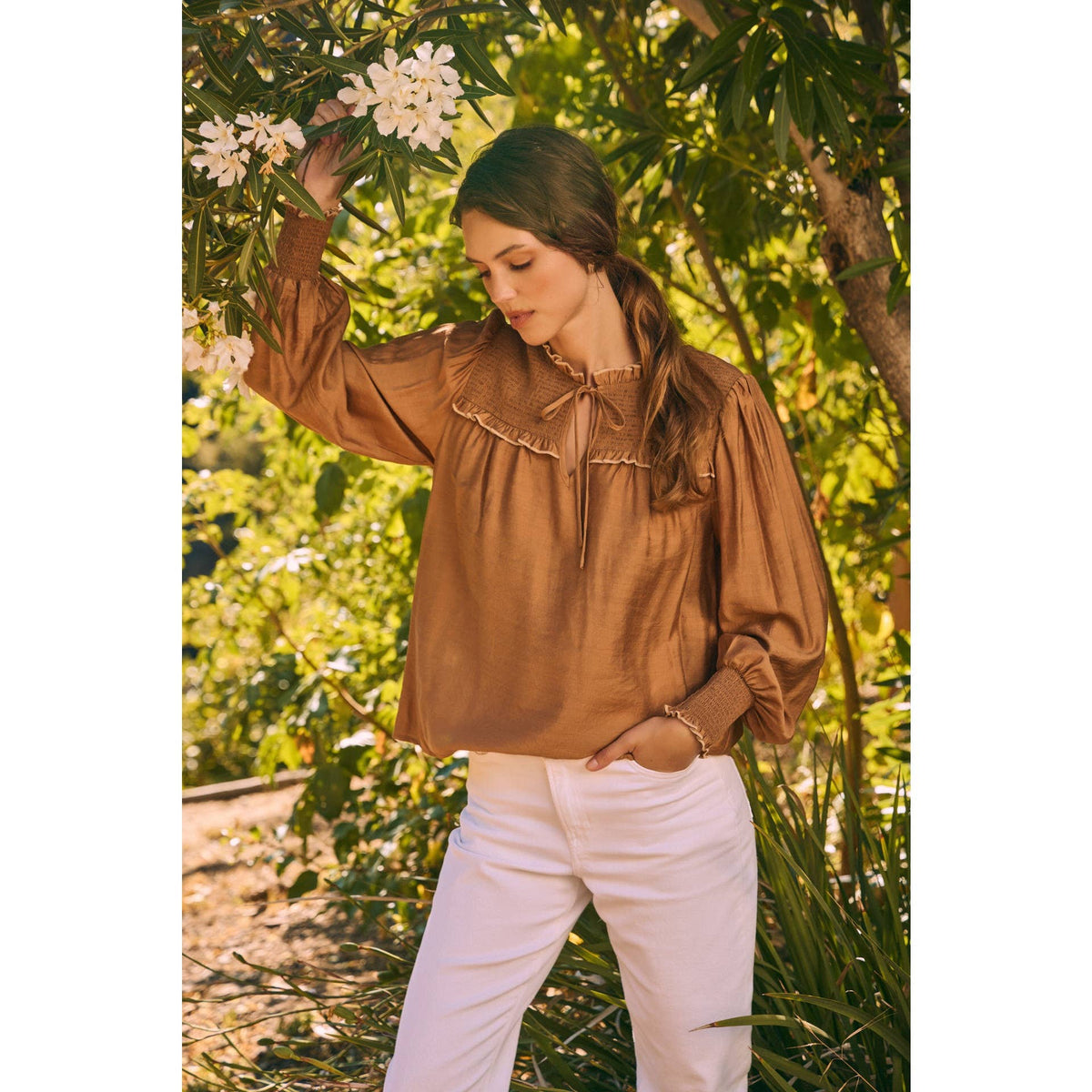 Caramel Ruffle High-Neck Blouse