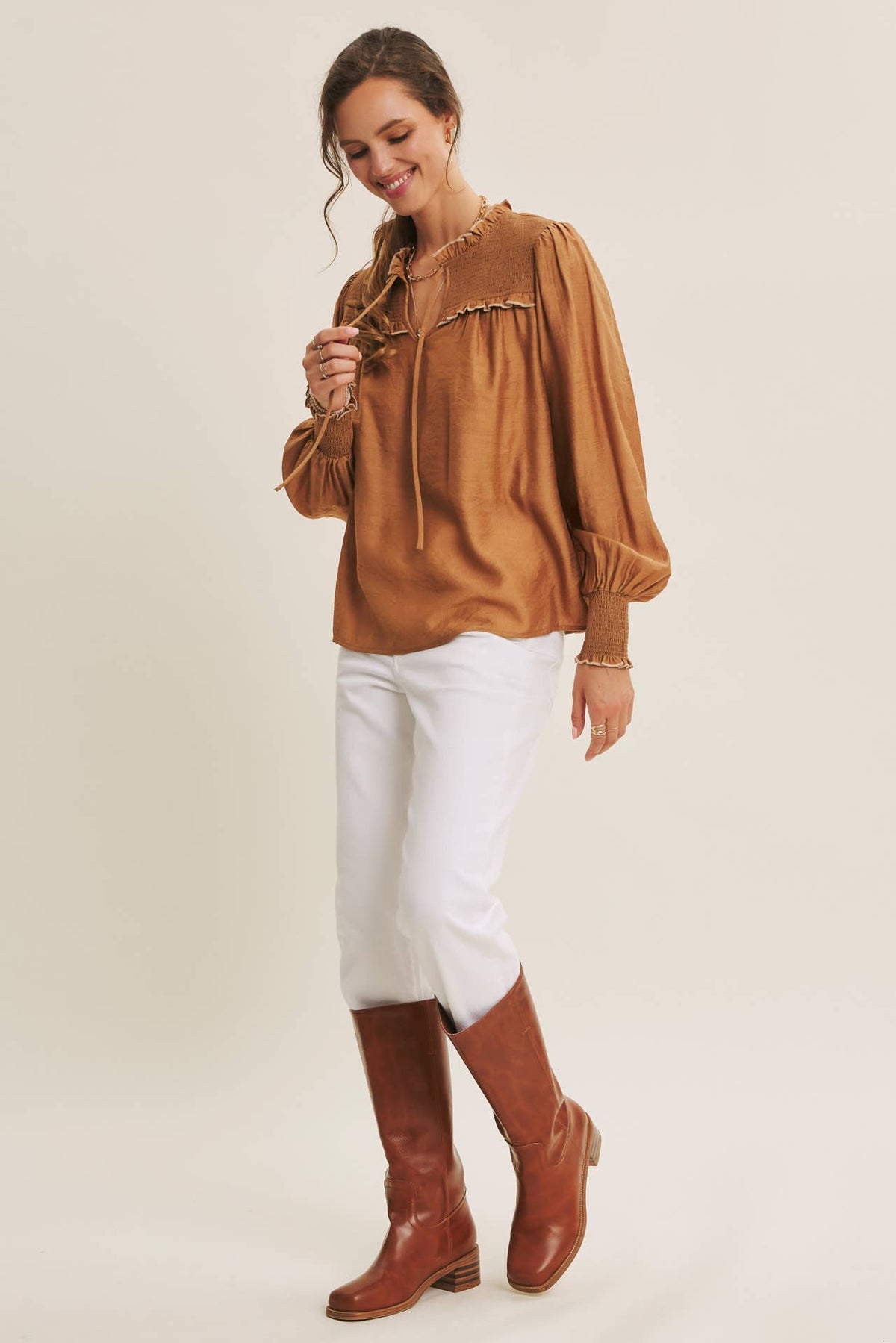 Caramel Ruffle High-Neck Blouse