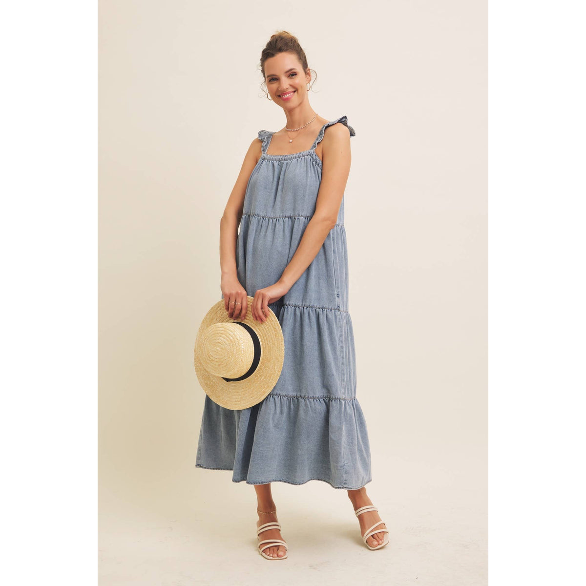 Washed Denim Ruffle Midi Dress