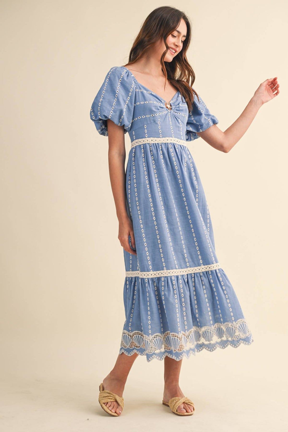Embroidered Eyelet Seashell Hem Midi Dress