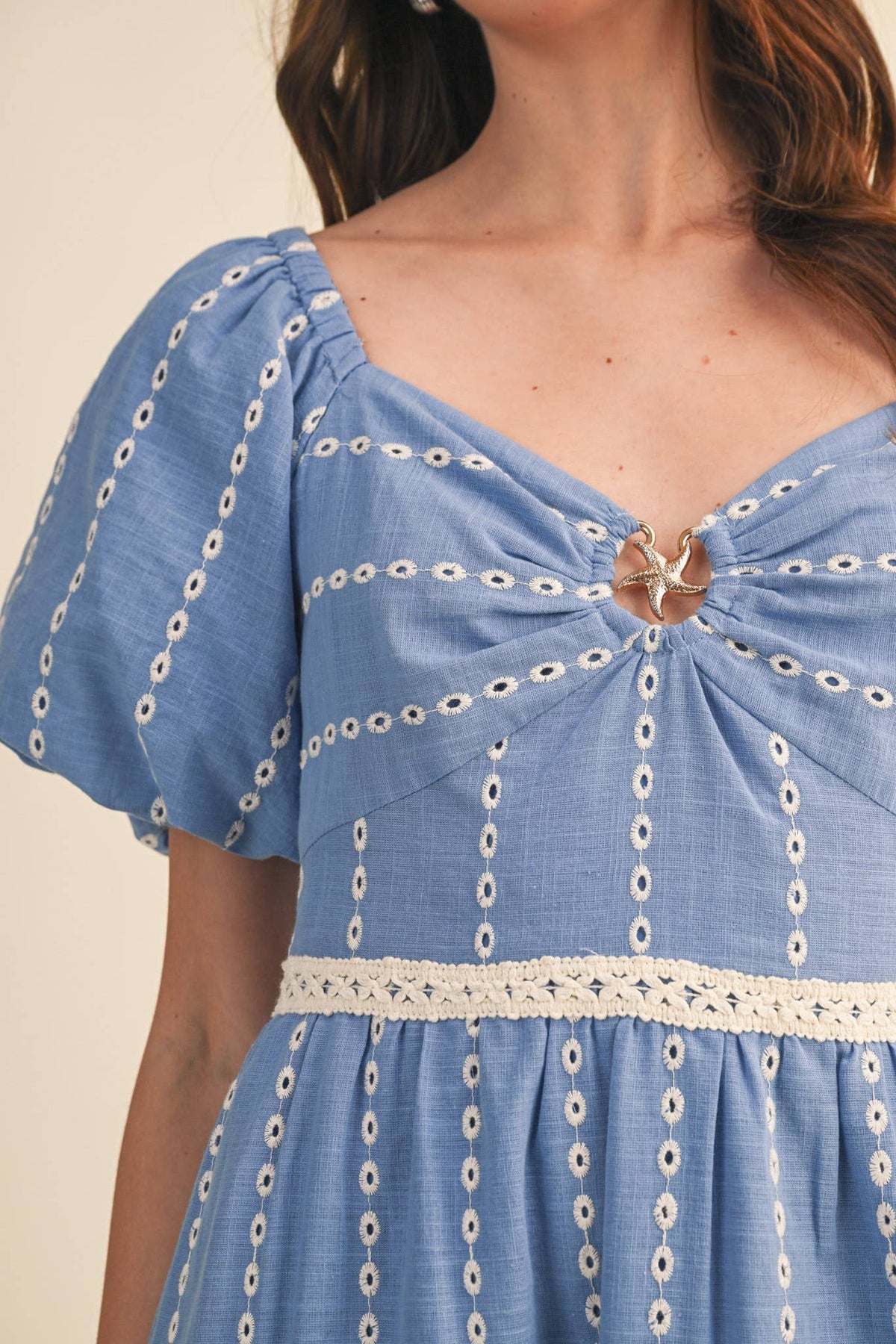 Embroidered Eyelet Seashell Hem Midi Dress