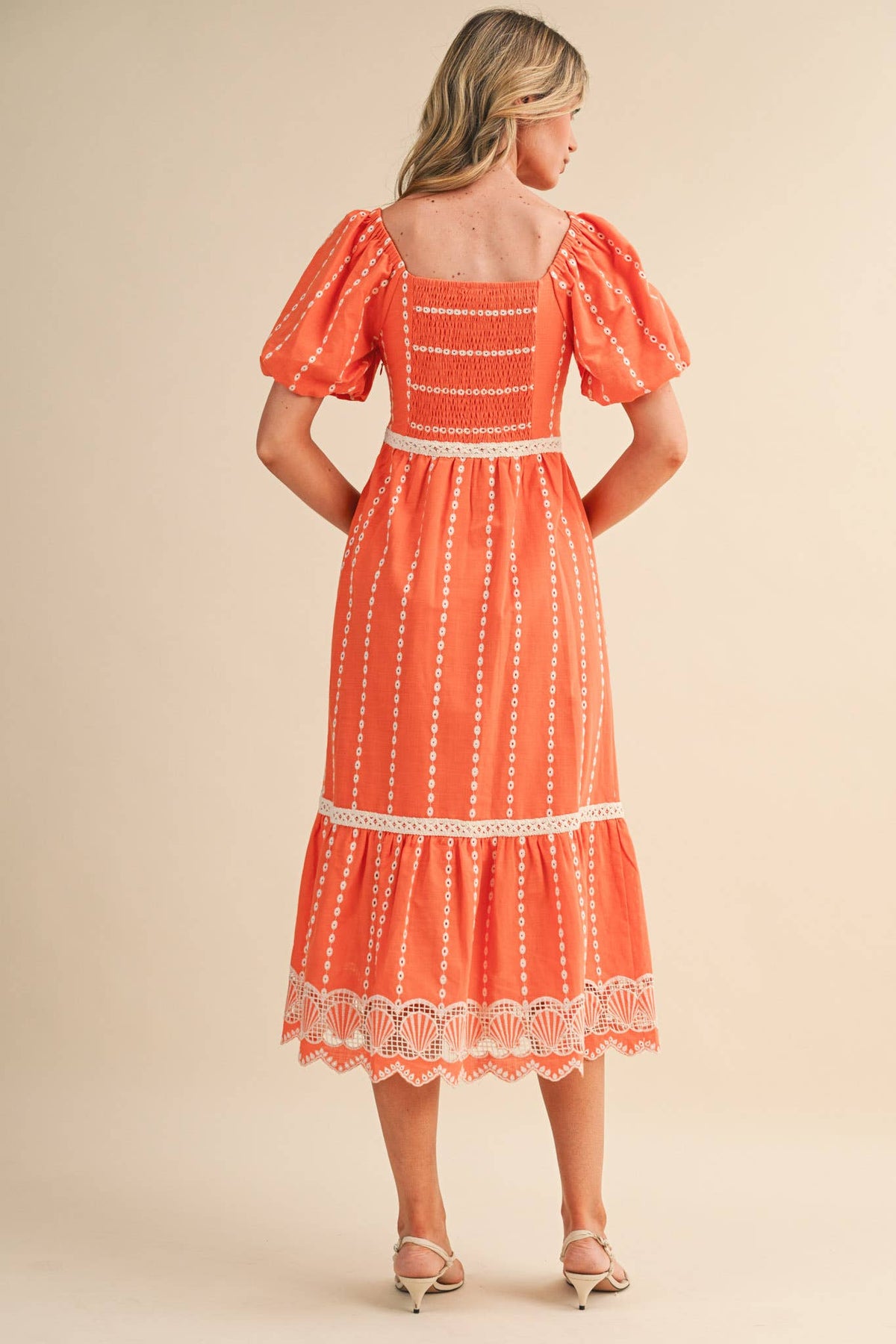 Embroidered Eyelet Seashell Hem Midi Dress
