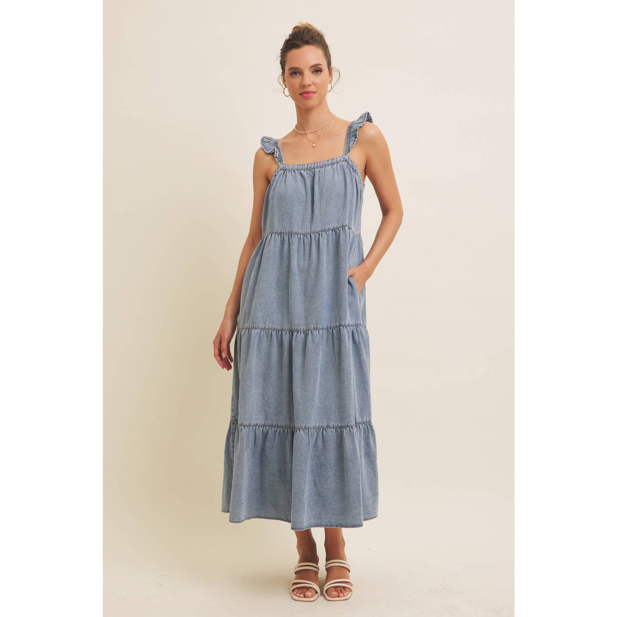 Washed Denim Ruffle Midi Dress