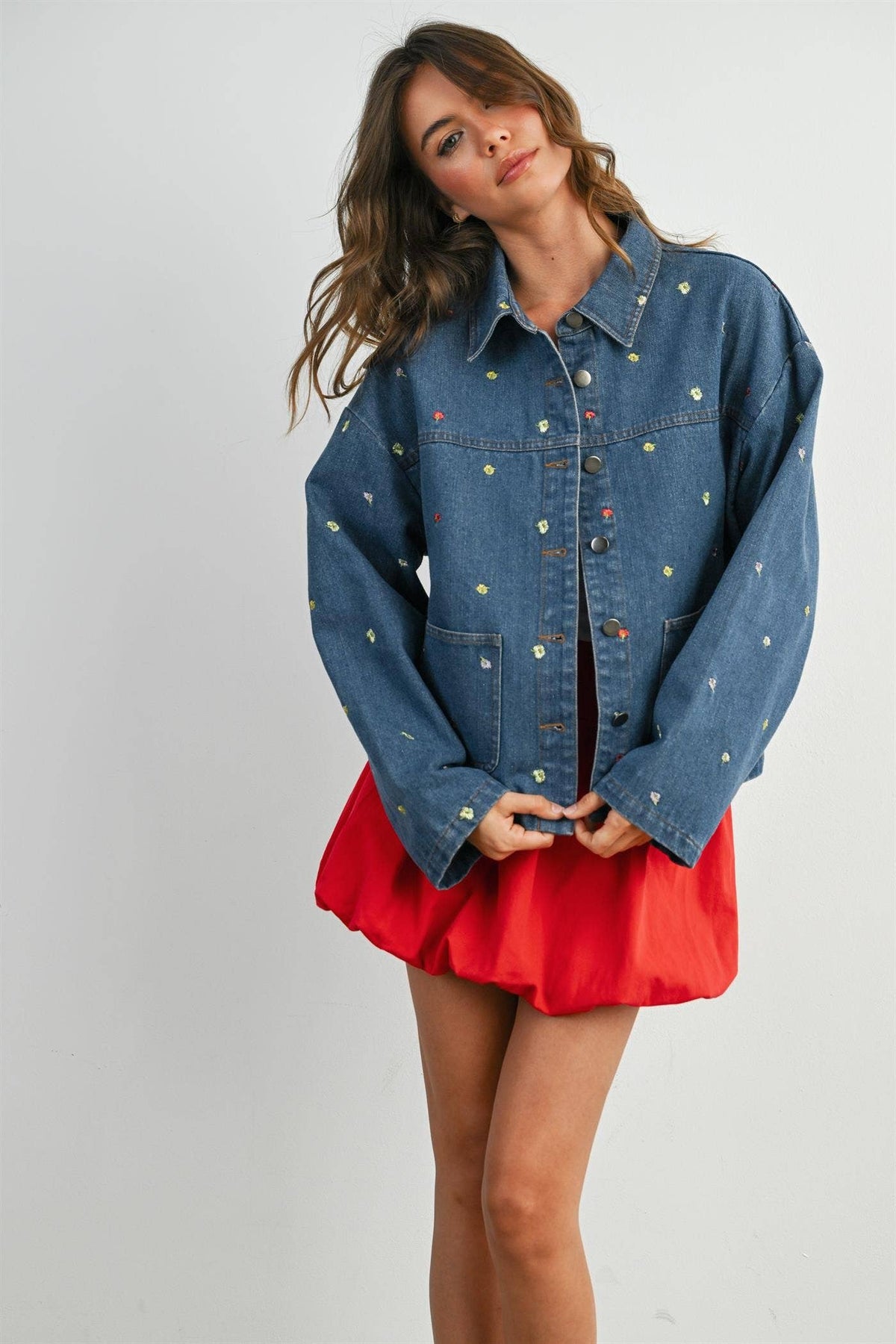 Embroidered Button-Front Denim Jacket
