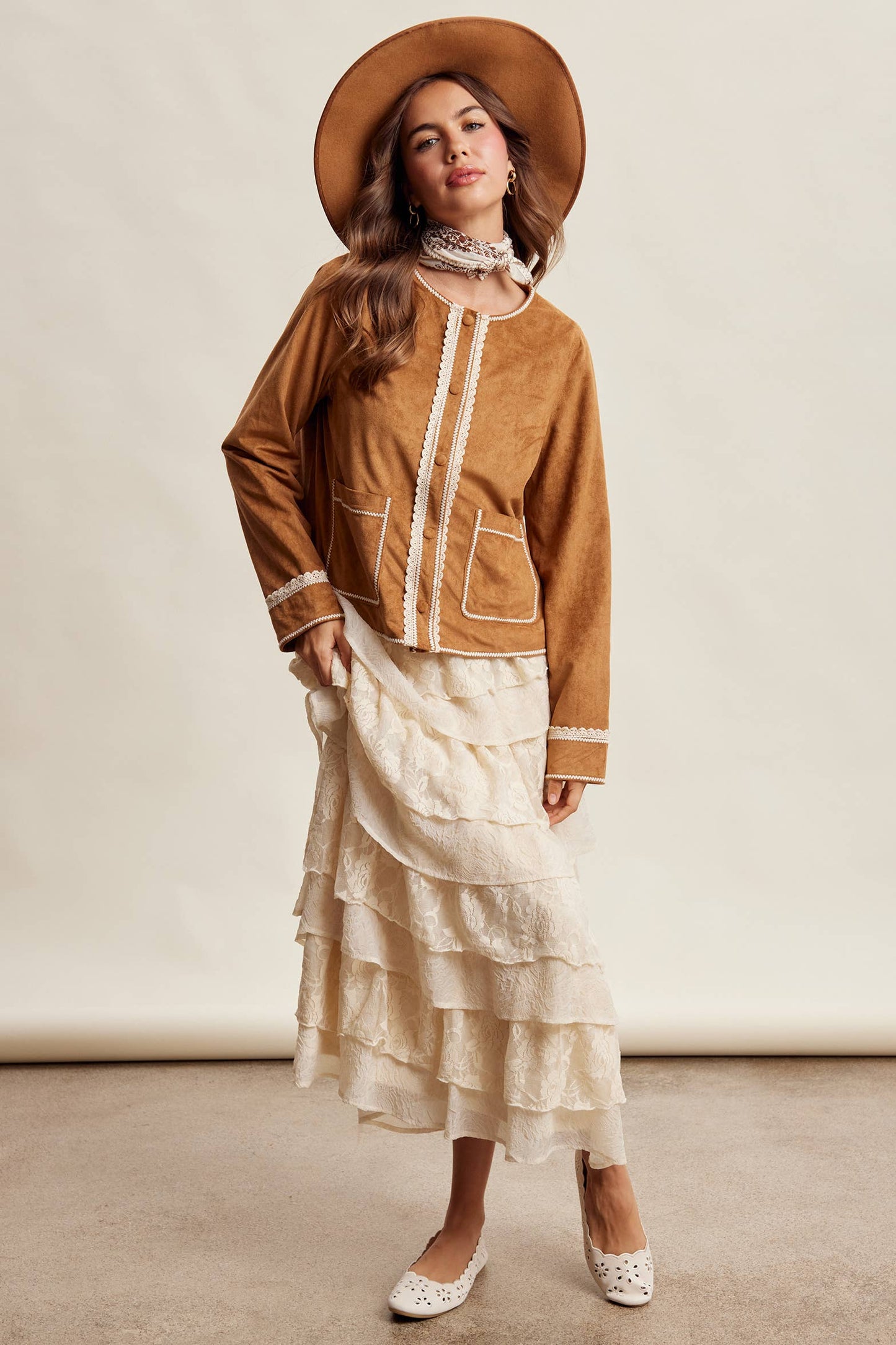 Scallop Trim Faux Suede Jacket