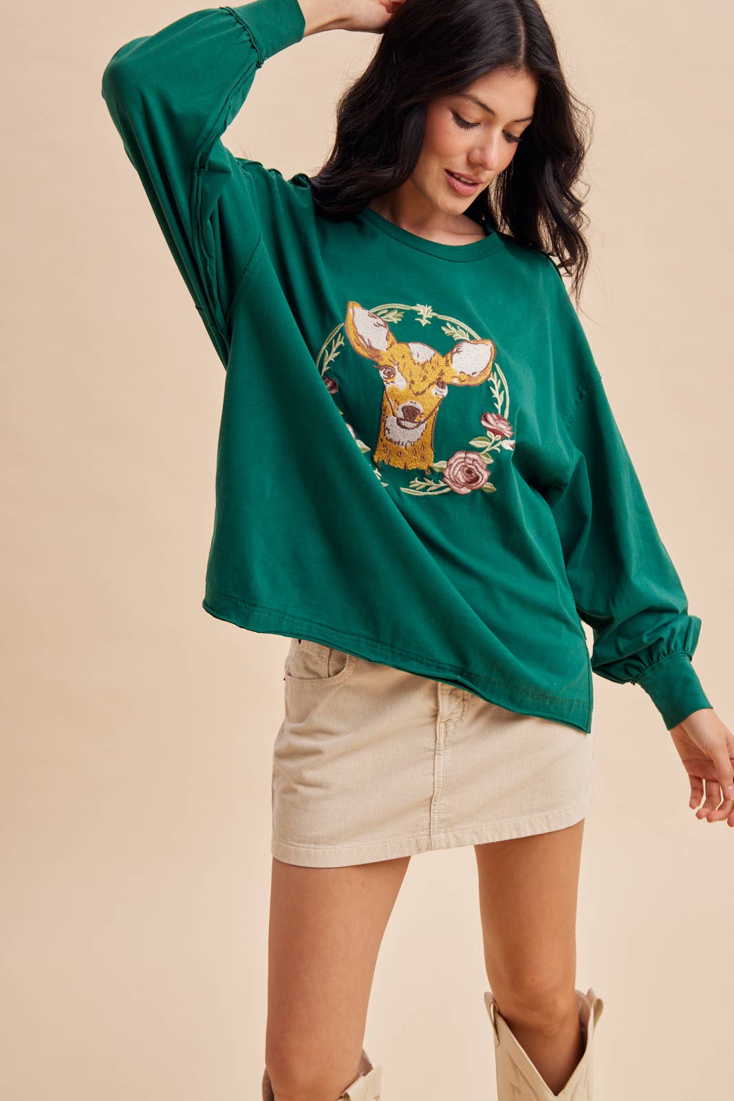 Deer Embroidery Pullover Top
