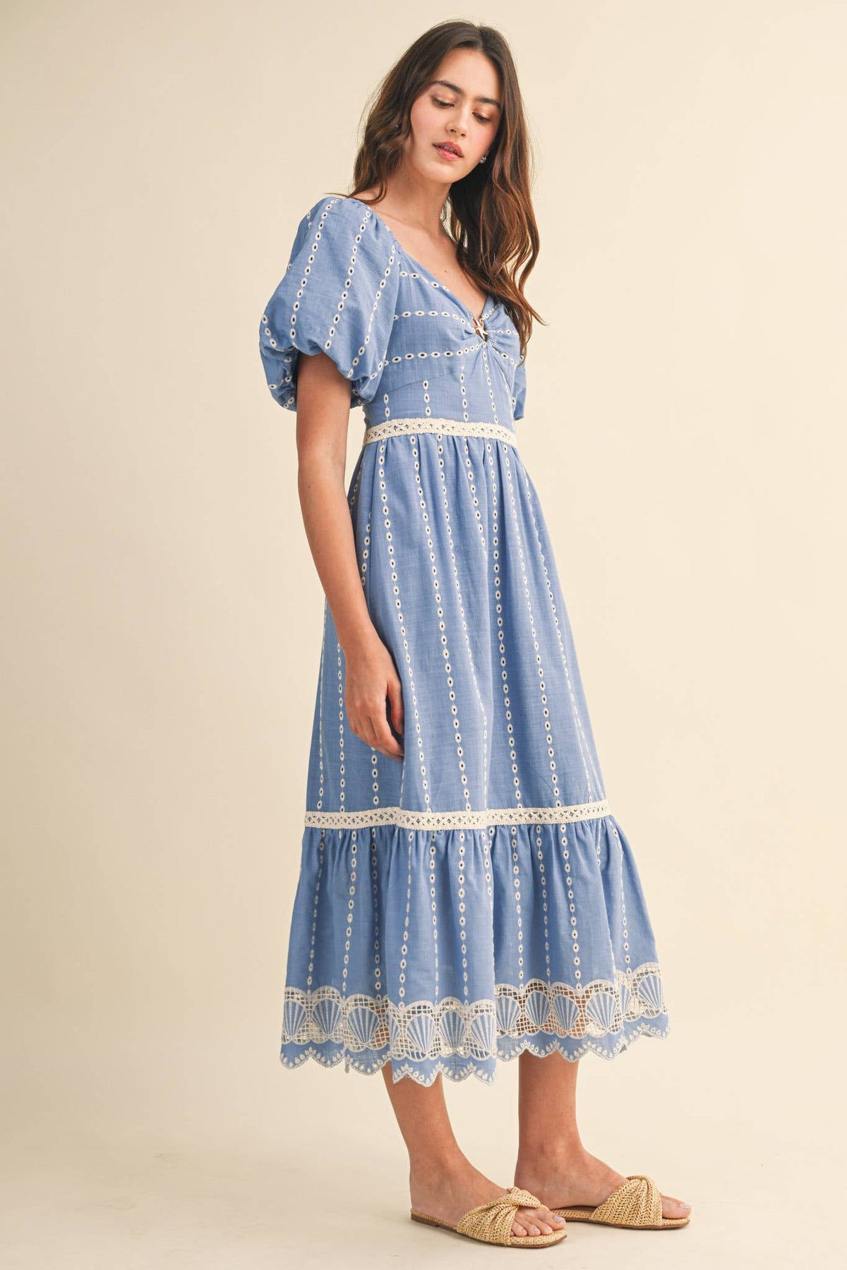 Embroidered Eyelet Seashell Hem Midi Dress