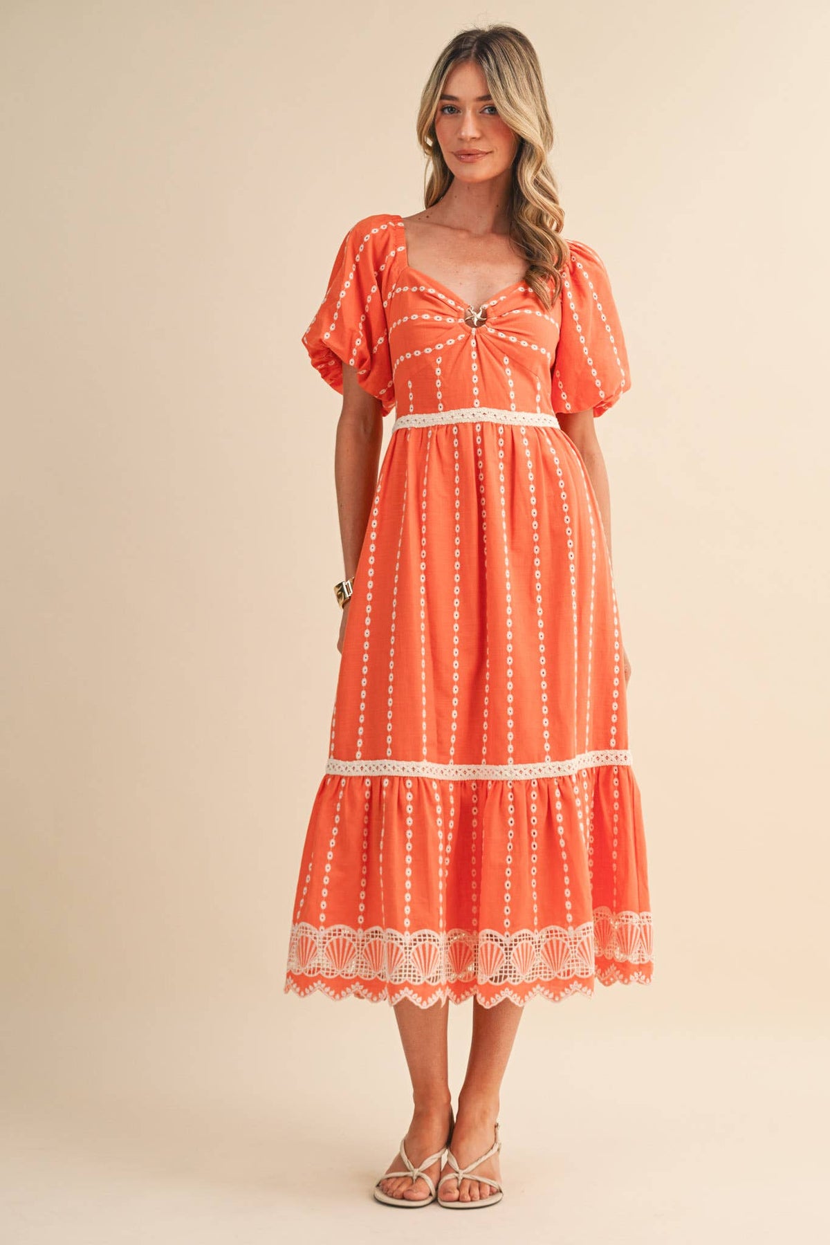 Embroidered Eyelet Seashell Hem Midi Dress