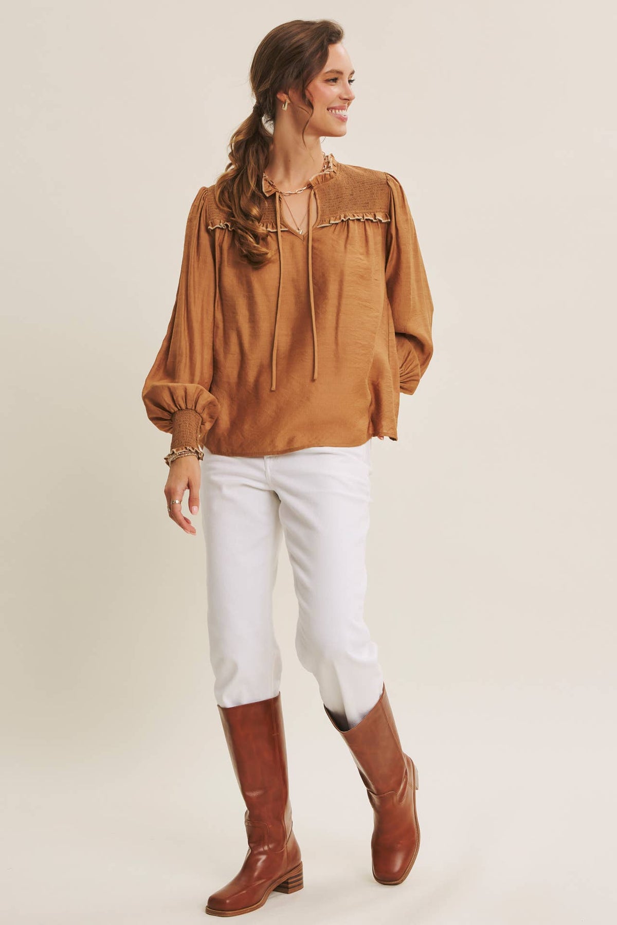 Caramel Ruffle High-Neck Blouse