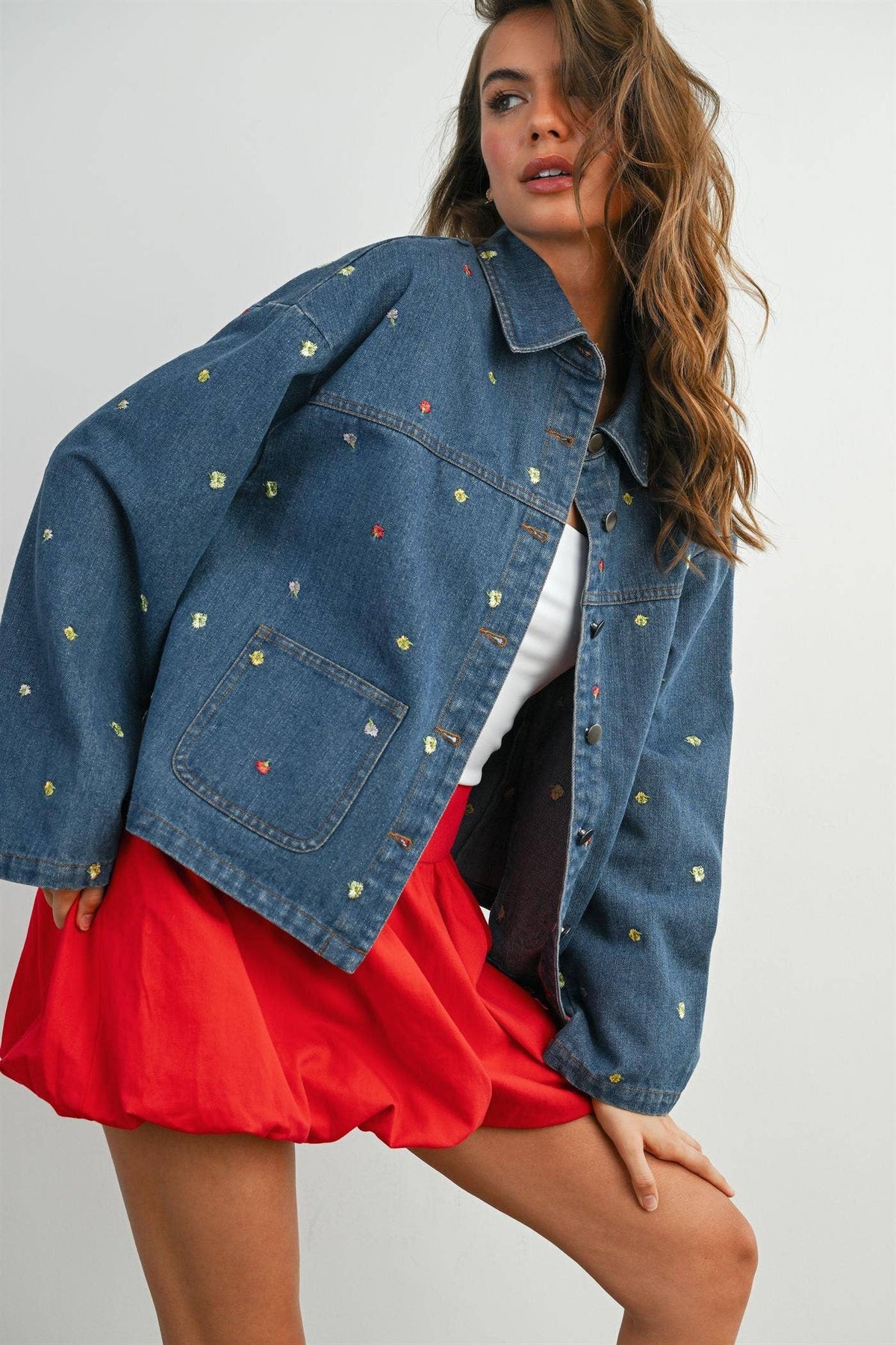 Embroidered Button-Front Denim Jacket