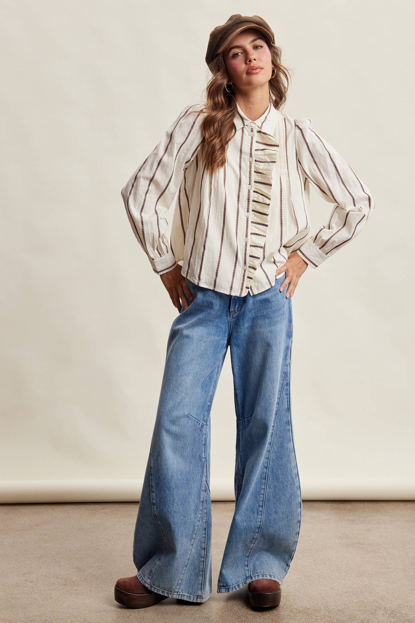 Embroidered Stripe Ruffle Blouse
