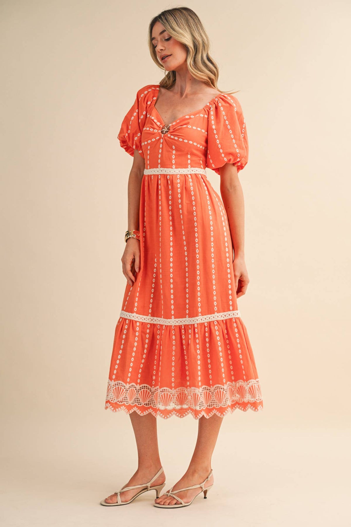 Embroidered Eyelet Seashell Hem Midi Dress