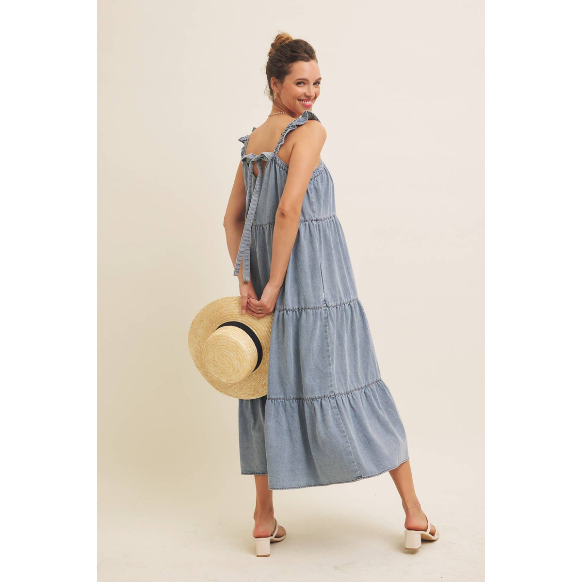 Washed Denim Ruffle Midi Dress
