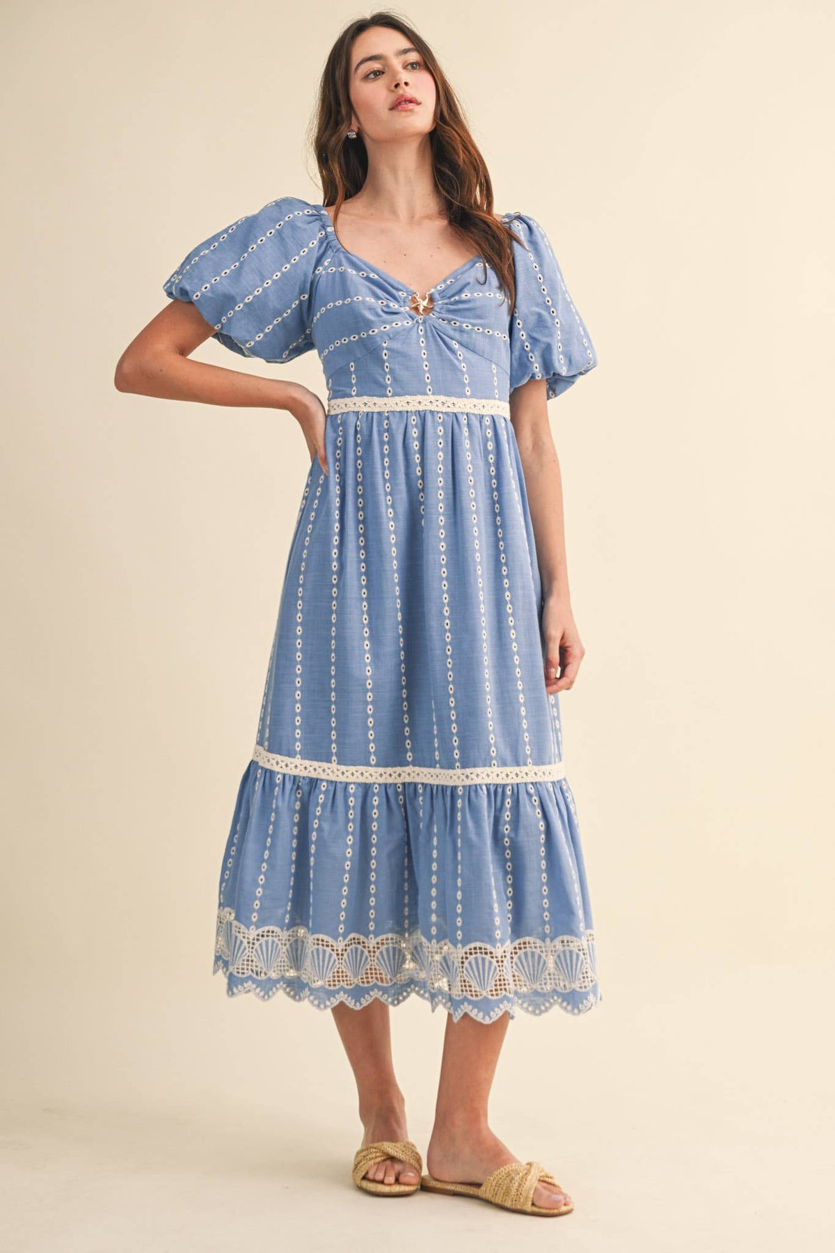 Embroidered Eyelet Seashell Hem Midi Dress