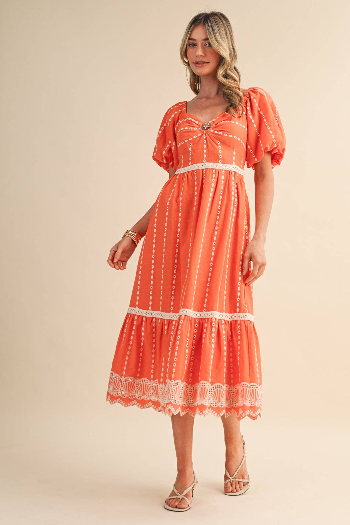Embroidered Eyelet Seashell Hem Midi Dress